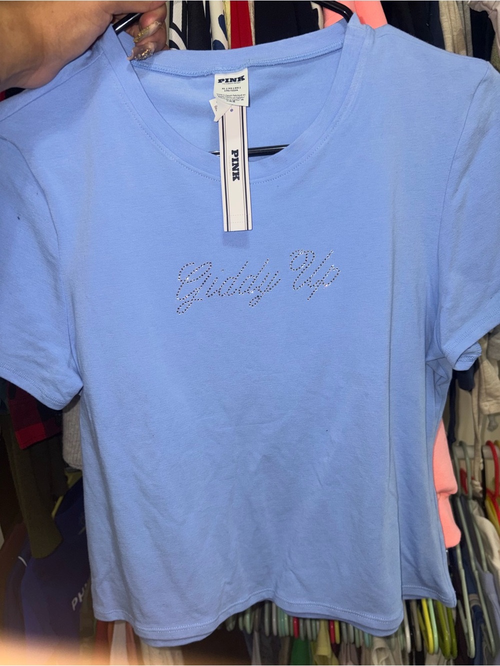 PINK Victoria's Secret Light Blue 'Giddy Up' Rhinestone Tee